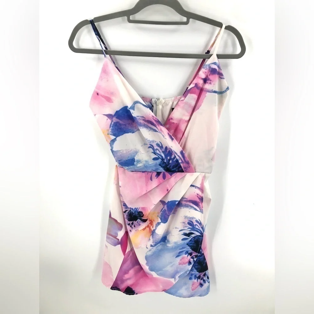 NLW Tropical Floral Mini Dress Womens Medium Faux Wrap Vacation Beach Fairy
